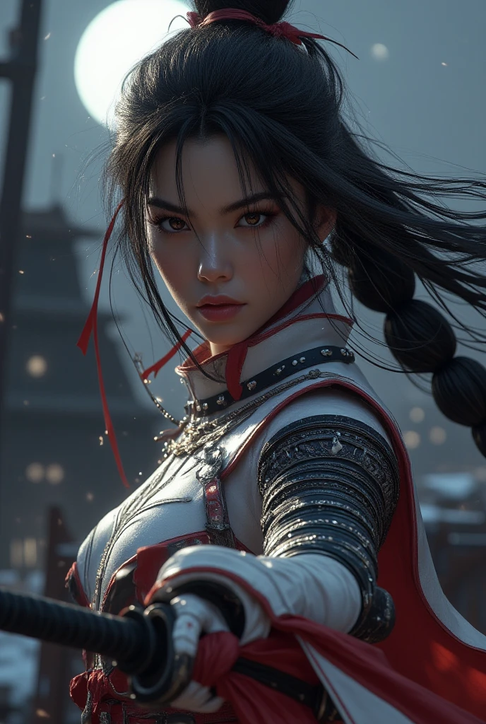 Photorealistic Katana (Tatsu Yamashiro), DC Comics character, full body, (classic Katana costume:1.3), (white and red costume:1.3), (high-collared top:1.1), (armored shoulder pads:1.1), (red and white mask partially covering face:1.2), (katana sword in hand:1.3), (SoulTaker sword:1.2), black hair, (long black hair with white streak:1.3), (flowing hair in the wind:1.1), dark eyes, (fair skin:1.1), (stoic and determined expression:1.2), dynamic action pose, (sword fighting stance:1.2), (graceful and deadly:1.1), professional action photography, (35mm lens:1.1), f/2.8, (dynamic lighting:1.2), (moonlit rooftop:1.1) or (Japanese garden setting:1.1), rim lighting, (sharp shadows:1.1), (focused on face and sword:1.3), low ISO 100, minimal noise, 8K resolution, (ultra detailed:1.3), realistic skin rendering, detailed fabric textures, accurate ???????, (subtle eye reflections:1.2), (cinematic lighting:1.2), (high detail:1.3), (heroic pose:1.1), (samurai warrior:1.1)