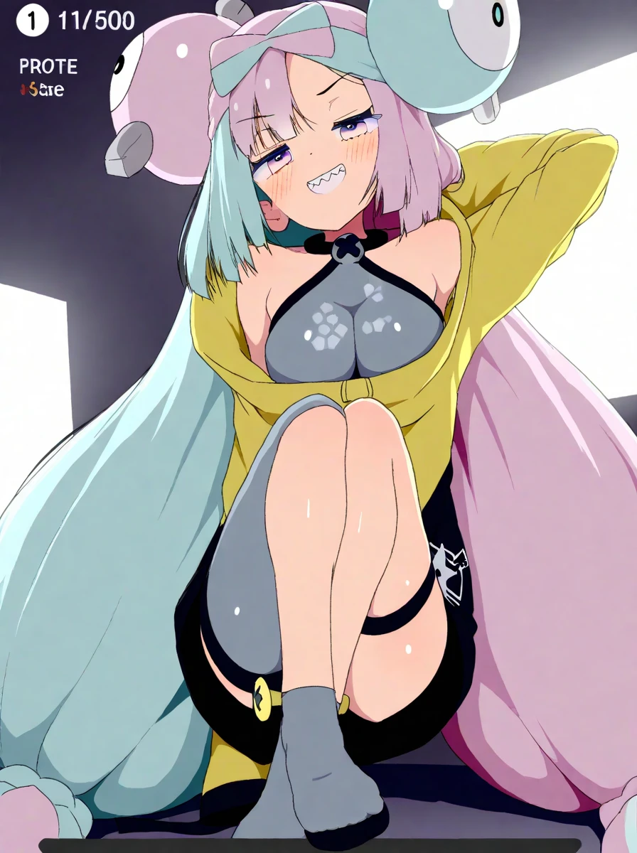 hight resolution, top-quality, ultra-quality, The ultra-detailliert, cleavage of the breast、涎、perspiring、full-face blush、facing front、NSFW、fullnude、dynamicposes、open one's legs、Yellow jacket、Chewing a stick