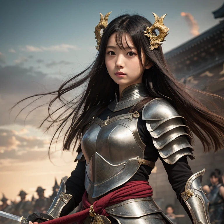 Japanese girls, long black hair、cute beautiful girl Sengoku period、Dragon Armor、Fight with swords