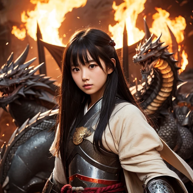 Japanese girls, long black hair、cute beautiful girl Sengoku period、Dragon Armor、 Battle with Dragons with Sword of Fire