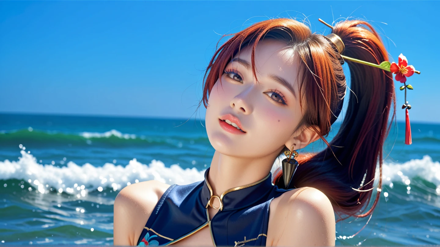 (Masterpiece:1.4), (best quality:1.4), ultra highres,1girl, extremely detailed,8k, beautiful, detailed eyes, looking at viewer, strong dark colors, (depth of field), (dynamic), (epic), sharp focus, (intricate details:1.2), Full color, nami \(one piece\),bangs, blue sky, bracelet, , (brown eyes:1.4), bubble, cleavage, cloud, day, earrings, floating hair, ((she wearing a short backless turtleneck red dress)), jewelry, , log pose, long hair, navel, orange hair, shoulder tattoo, sidelocks, sky, smile, solo, standing, stomach, tattoo, smile, pirate ship,(one piece),(strong pose:1.4),((only upper half of body)),