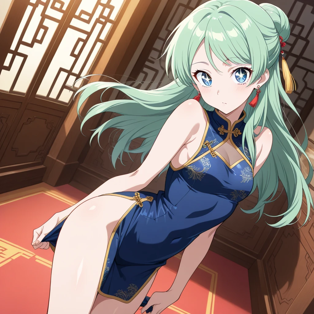{masterpiece, best illustration}, <lora:lumFromUruseiYatsura_v10:0.7> , lum, seductive smile, 1girl, sitting on armchair, chinese armchair, room, full body,navel, lum wears long chinese red dress, elegant shoes, high heels, long legs