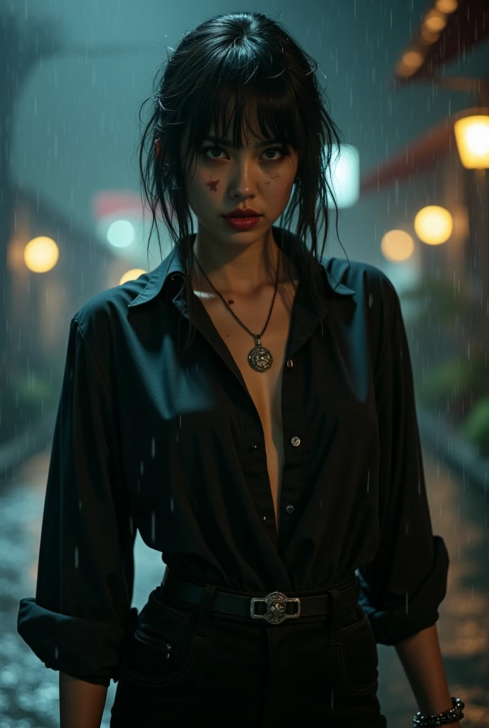 a woman in formal wear , half-open black shirt and black pants,black hair with a short fringe on the forehead with an angry look and several scars .Somewhat dark and rainy night weather
