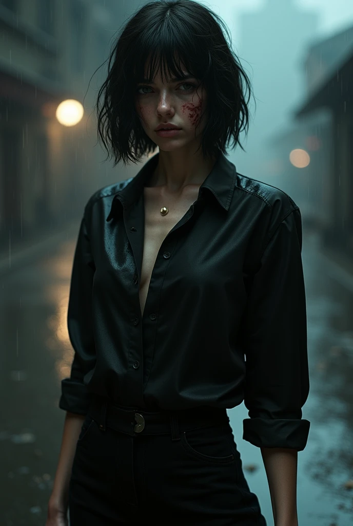 a woman in formal wear , half-open black shirt and black pants,black hair with a short fringe on the forehead with an angry face and several scars .Somewhat dark and rainy night weather