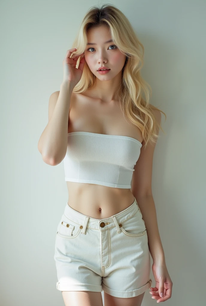 Practical, high resolution, 1 girl, white curly hair, Korean, Unfastened white shirt, Skinny lace shorts, Large Breasts, thigh, Revealing the masterpiece, realism