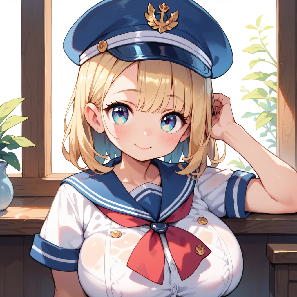 (High quality, High resolution, Fine details), Realistic, (navy), Sail ships, prow, Sunset, Sparkling water, white clouds, Solo, Slim woman, navy sailor hat, navy blue sailor uniform, Braided hair, Sparkling eyes, (Detailed eyes), Smile, Sweat, Oily skin, covered gigantic breasts, Hi3GB