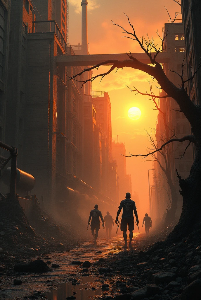 an abandoned factory with a web of spiders and large trees in an orange sunset with broken parts of the factory and zombies trying to leave the factory