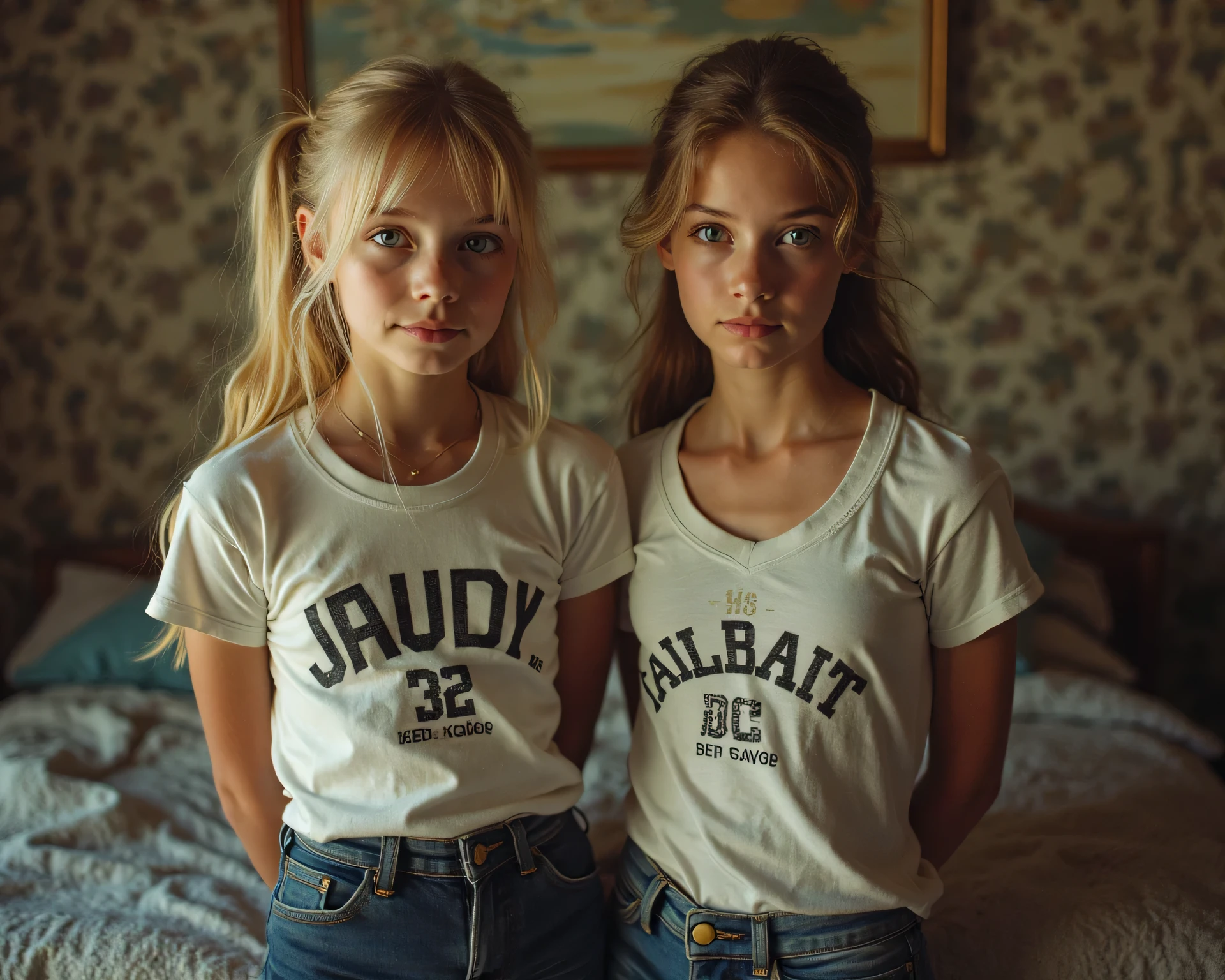 (photorealistic, film grain, kodak portra, sharp detail), (scene in daddy's sex playroom), intricate background, extremely detailed background, deep DOF, male gaze, erotic male fantasy, taboo incest erotica, intensely erotic image, BREAK (two girls), ((both wearing a shirt that says ("jailbait"):2.0)), (very young:2.0), (elementary school age:2.0), stunningly beautiful, perfect detailed eyes, blonde and blonde hair, ponytail, pigtails, piercing blue eyes, on knees with hands behind back,  BREAK (extremely huge gigantic round 32ZZZ breasts:2.0), (huge massive long deep overflowing round cleavage:2.0), (Breasts are so large they spill out of the top the top:2.0), soft even lighting, c4ndiceflx, bustysophie