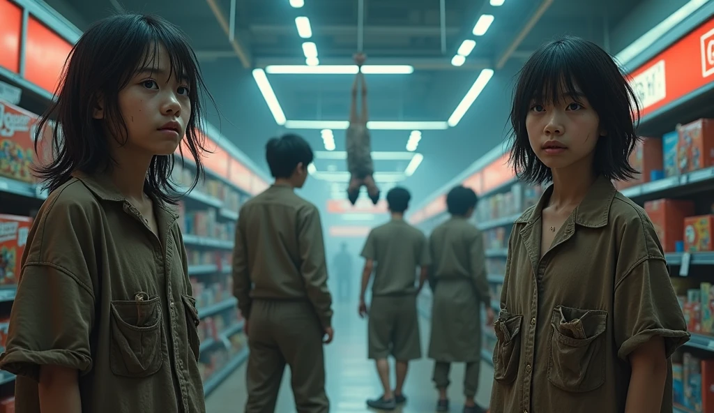 A realistic image of asian families in a futuristic looking toy store. Dressed in dirty rags and sad facial expressions. With a man hanging from the ceiling in the background.
