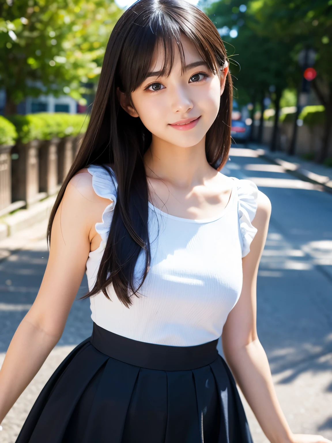 ((top-quality))、 ((masuter piece))、超A high resolution、Raw photo、intricate-detail、proffesional、foco nítido、Photorealsitic、Real life、surrealistic、photorealisim、Silhouette Light、finely detail、Highly detailed CG Unity 8K wallpapers、erfect artwork、Depth of field is deep、No perspective、细致背景、shinny hair、radiant eyes、shinny skin、realisitic、Looking at the camera、Very delicate and cute、Cute detailed girl、pure、cute large eyes、Facial Lights、Cinematic lighting、Transparent material、realistic representation of face、（intricate detailes)、no-makeup、（delicated face、Delicate eyes and face）Detailed skin、Best ratio of four fingers and one thumb、(flat-chest: 1.4)、short torso、Transcendental thin legs、Transcendent small butt、((独奏))、light、Very young face、Innocence、Facial Highlights、Professional Writing、女の子1人、White lightweight tank top with thin fabric、White Sheer Light Shorts、Back lighting、((Stand facing the front))、Hands on the hips in the style of models、florals、((non-blur))、Skinny style、((Knee shot))、((12year old))、(Beautiful pitch black shiny one-tail medium hair:1.4)、(Super beautiful girl with cute loli face:1.6)、Short stature、Beautiful shiny black hair、((Super petite and super slender girl))、((A true transcendent beautiful girl with ultra-young Japan))、Plump round face、Small face and small nose、Healthy face、Soft lips、pale cherry colored lips、(rather thin eyebrows: 1.4)、shiny large black eyes、big eye、(The corners of the mouth rise:1.4)、Clothes are see-through、Protrusions、erect through、(Shy smile:1.8)、less clothing、no sleeves、Eyes for hollow details、Floating hair、large eyes that are symmetrical、hair clips、No face makeup、