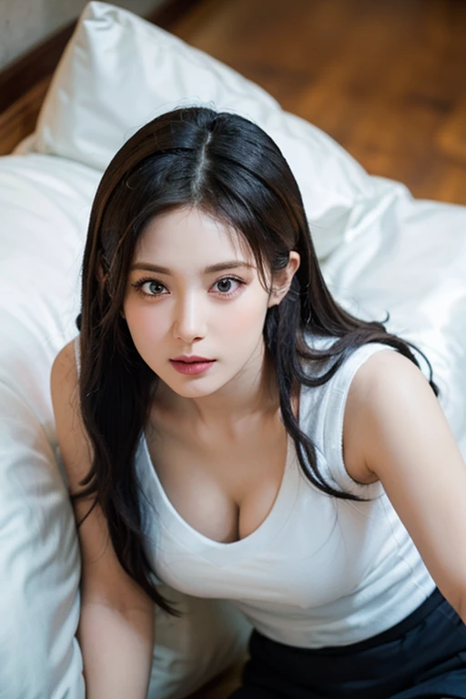 (Ultra Real), (figure), (High resolution), (8K), (very detailed), (Best figure), (beautiful and fine eyes), (highest quality), (Super detailed), (masterpiece), (wallpaper), (detailed face),Directed by Shane McMellen, bed, upper body up, armpit, smile, bewitching1woman, Japanese, big breasts, off shoulder、White bra、