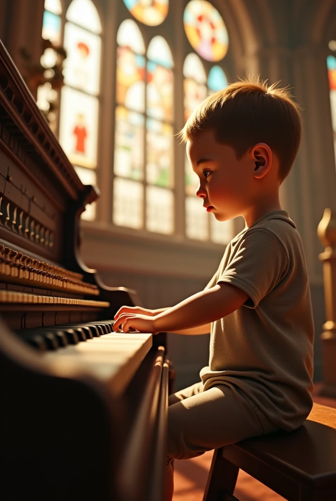 Newborn baby dressed as an orchestra player playing on a grand piano in a large hall
