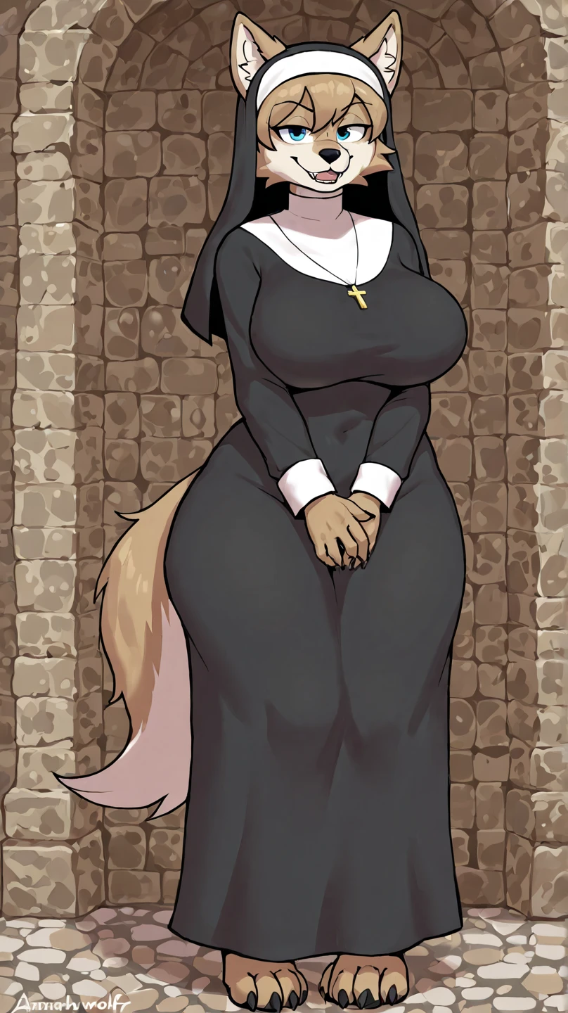 ((dog)), furry female anthro,HD,sharp,beautiful and detailed,woman ((anthro)),1girl,Milf, mature woman,(look at viewer) ,(perfect eyes),(Retriever),sad,brown skin,by dr comet,by pochincoff, by jlullaby,by kingbang,by obui,by ZeroQrisu,by sparrow,by gmeen,yellow eyes,standing,pirest outfit,Nun,((simple background)),(gray background),