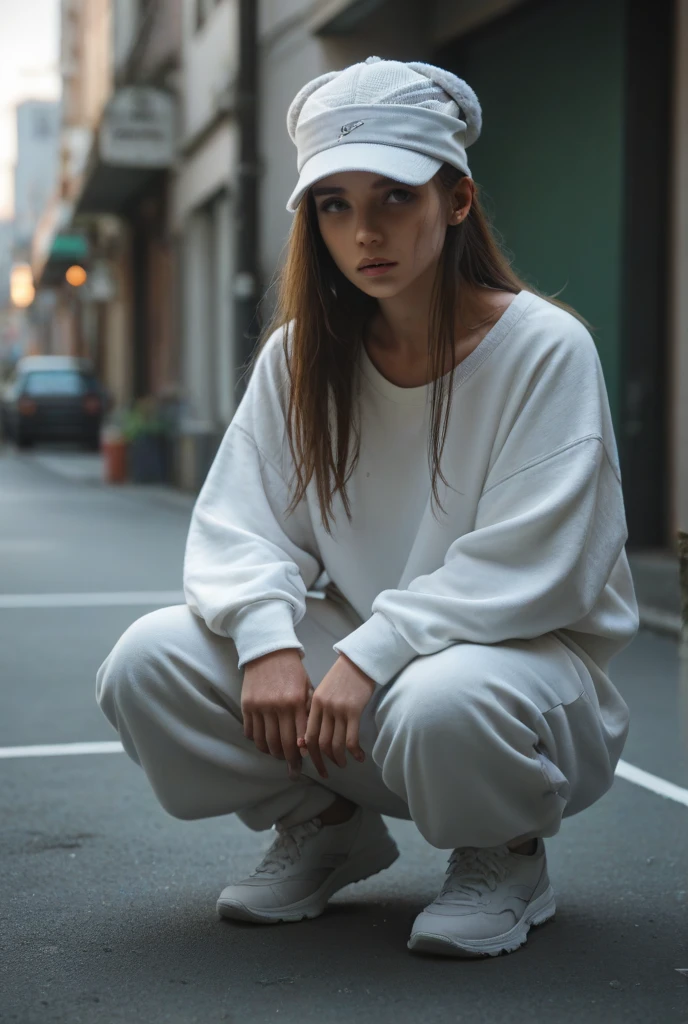 A saxon girl, Named fatemeh, 25 years and 7 months and 21 days old/ mixture of Phoenician, Greek, Armenian, and Arab/almond brown eyes, Chocolate brown hair, ponytail/ bow-shaped lips, uptruned Nose, square jawline, narrow forehead, Protruding chin, high-arch eyebrows /168 centimeters height, 61 kilograms weight,tanned body/ White pants, white nike shoes, black knee socks,/ dark preset/ detailed eyes, detailed face, detailed anatomy, detailed hands, detailed legs/ crowded street, rainy day, cold weather, standing up , chairs, flower under her fEet / /4k / long range photoshoot, non-close-up