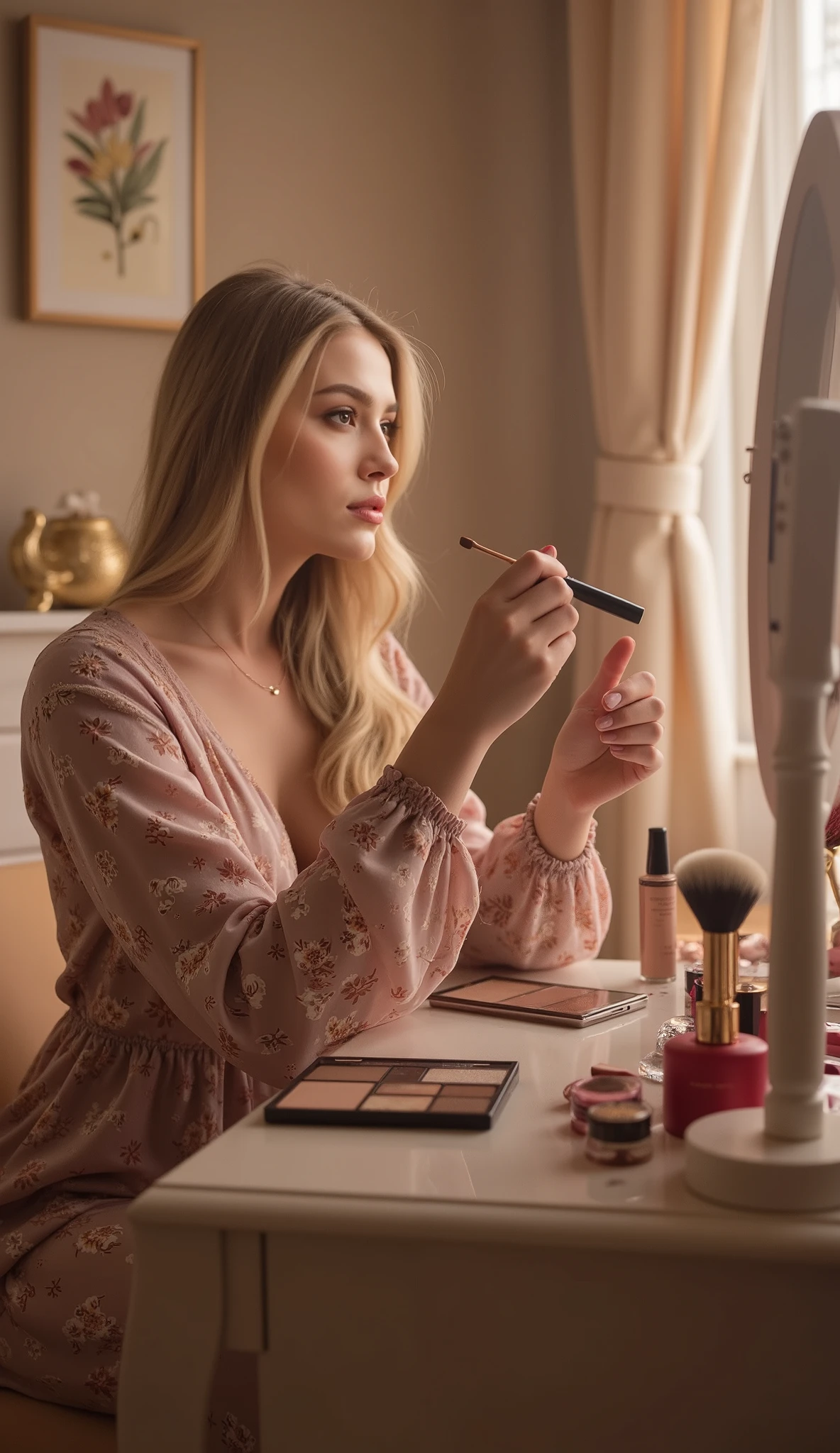 "The woman in the uploaded reference is sitting at a makeup vanity in a cozy, well-lit room. She is applying makeup with precision, holding a makeup brush or lipstick in her hand. The lighting is soft and natural, coming from a nearby window or vanity light, casting gentle shadows and highlighting her face and makeup products. The makeup vanity should have realistic details, like makeup products, brushes, and a mirror reflecting her focused expression. The room should feel warm and inviting, with soft textures like a plush rug or elegant decor in the background. The woman’s posture is relaxed, and the scene captures a candid, everyday moment of self-care.