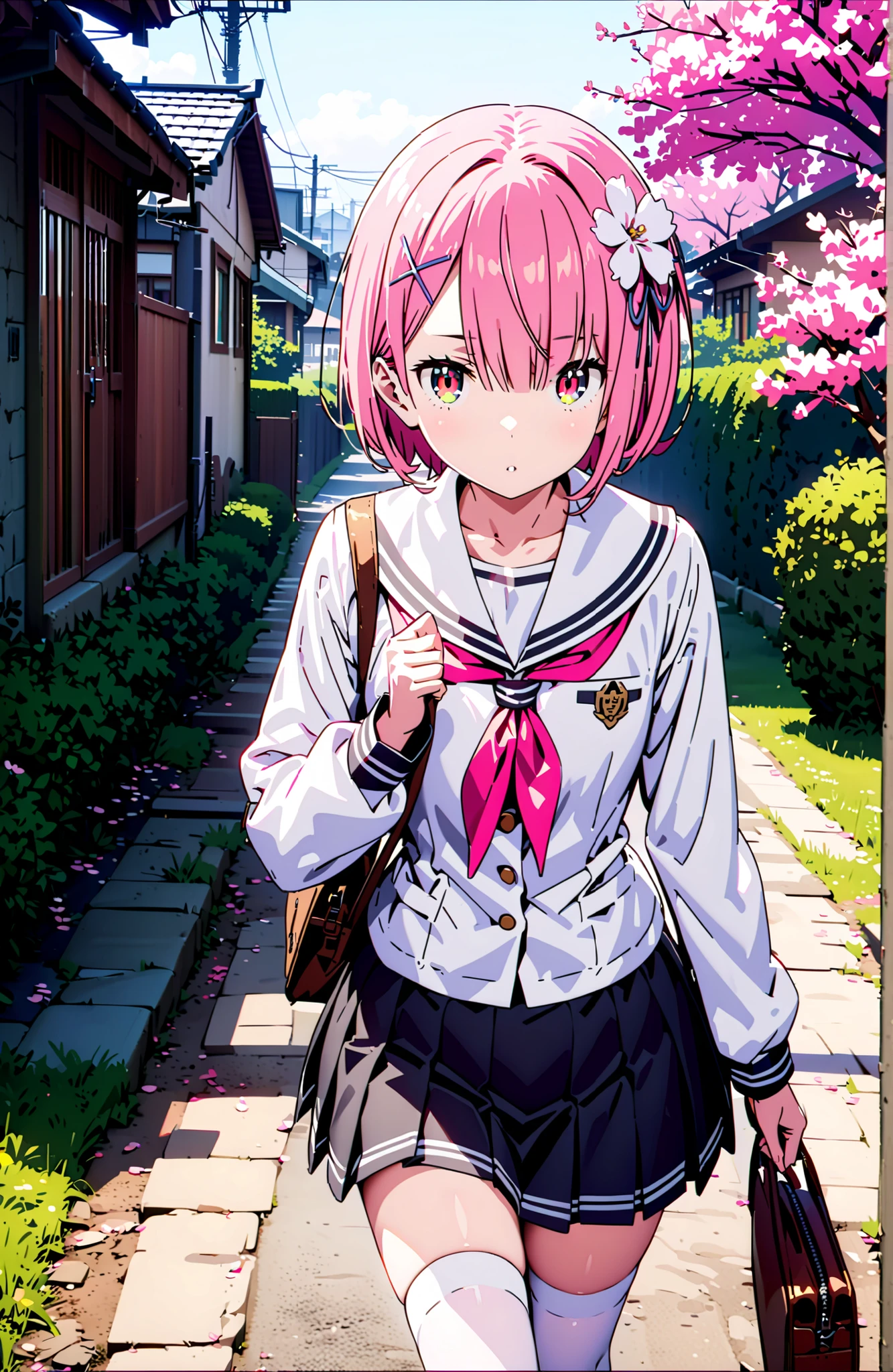 Ram, hair flower, Hair Ornament, hair on one eye, pink hair, Red Eyes, short hair, x Hair Ornament,white sailor suit,long sleeve, black mini pleated skirt ,white thigh high socks,loafers,Student bag 1 :1,cherry blossoms,is walking,morning,full bodyがイラストに入るように,break looking at viewer,full body,
break outdoors, residential area,
break (masterpiece:1.2), best quality in bronze, high resolution, Unity 8Kの壁紙, ( illustration :0.8), (beautiful detailed eyes:1.6), highly detailed face, perfect lighting, highly detailed CG, (perfect hand, perfect anatomy),