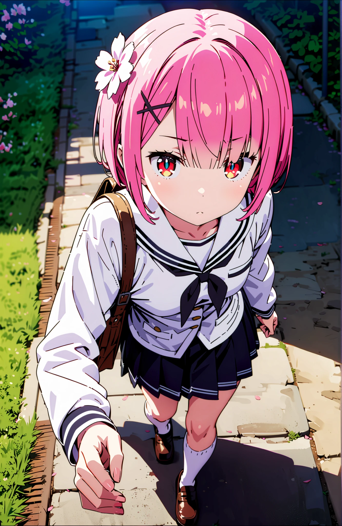 Ram, hair flower, Hair Ornament, hair on one eye, pink hair, Red Eyes, short hair, x Hair Ornament,white sailor suit,long sleeve, black mini pleated skirt ,white thigh high socks,loafers,Student bag 1 :1,cherry blossoms,is walking,morning,full bodyがイラストに入るように,break looking at viewer,full body,
break outdoors, residential area,
break (masterpiece:1.2), best quality in bronze, high resolution, Unity 8Kの壁紙, ( illustration :0.8), (beautiful detailed eyes:1.6), highly detailed face, perfect lighting, highly detailed CG, (perfect hand, perfect anatomy),