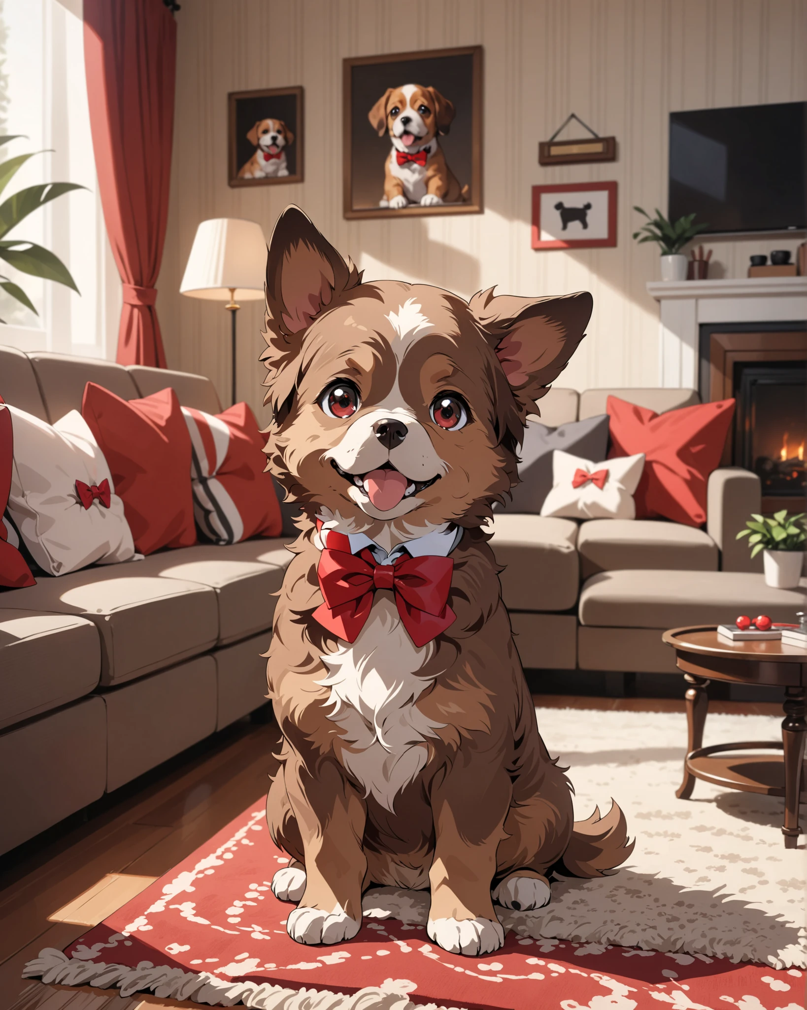 best quality, (masterpiece:1.2), best quality, PIXIV, cute dog, small dog, dark brown fur, (red bow, bowtie), living room backdrop, staying,