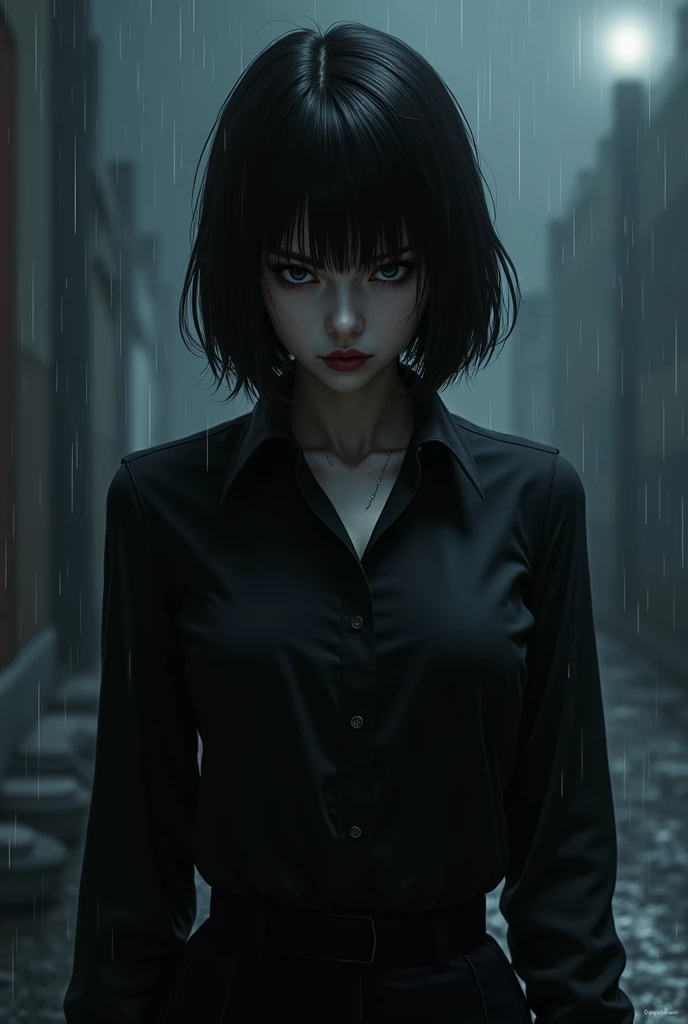 a woman in formal wear , black shirt and pants in the color black, Gothic style black hair with a short fringe on the forehead with an angry face  .Dark and rainy Night Weather