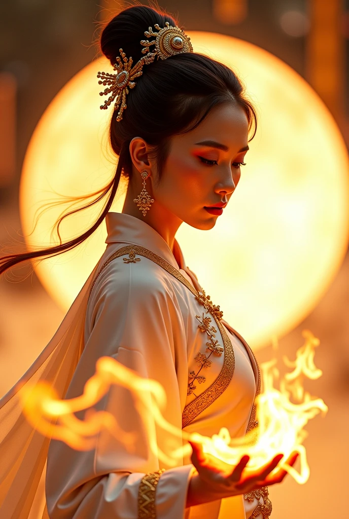 /photography of real people,  Game Character Design  ,Chinese female dancers dance with fire, Hellfire  ,beautiful faces white and gold,kung fu tai chi,circular background,    Fantasy  ，holographic projection, wire skeleton, glowing golden lines, heavenly palace, pedang  , majestic posture,  flowing robes , jewelry, awan putih,  Lucky clouds ,  mysterious aura ,  strong presence , detailed facial features,  Smooth Light  ,    cloudy sky   , flying dragon, misteri,   absurdres  ,   digital art   ,   Futuristic technology  