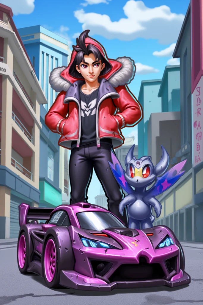 Create a Pokémon trainer with the Pokémon Guengar and a drift car behind