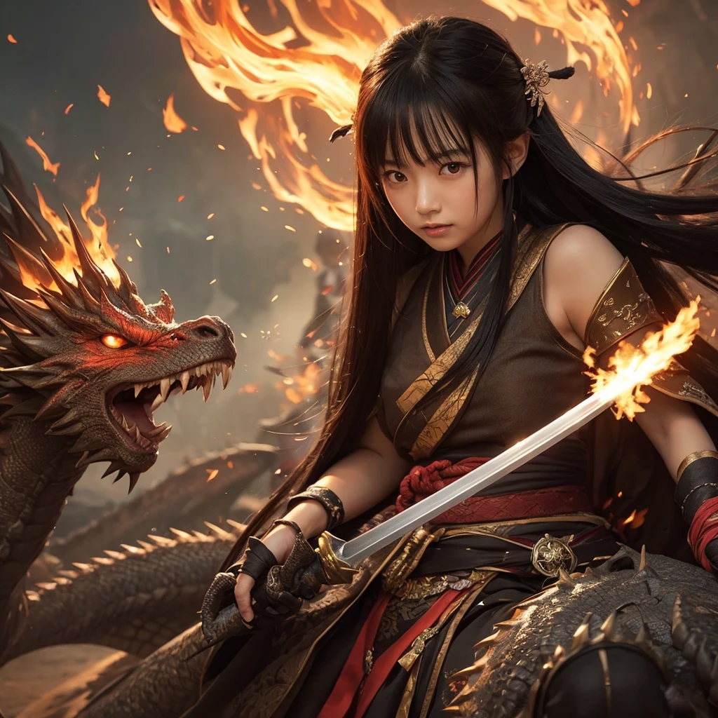Japanese girls, long black hair、cute beautiful girl Sengoku period、object、 Battle with Dragons with Sword of Fire
