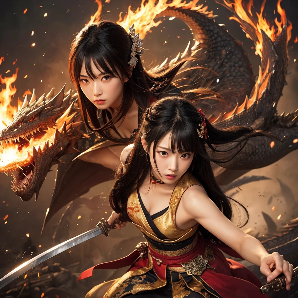Japanese girls, long black hair、cute beautiful girl Sengoku period、object、 Battle with Dragons with Sword of Fire
