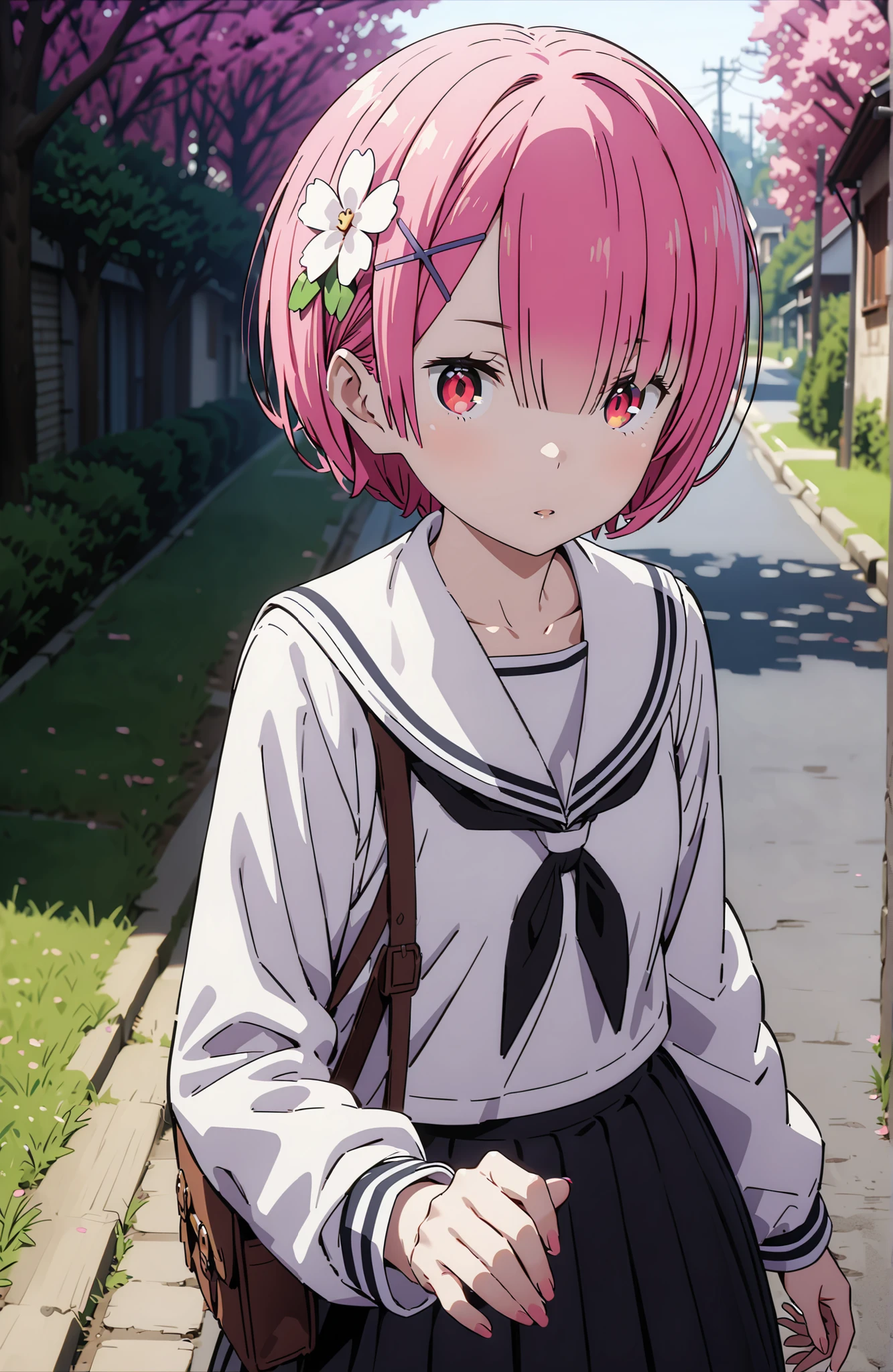 Ram, hair flower, Hair Ornament, hair on one eye, pink hair, Red Eyes, short hair, x Hair Ornament,white sailor suit,long sleeve, black mini pleated skirt ,white thigh high socks,loafers,Student bag 1 :1,cherry blossoms,is walking,morning,full bodyがイラストに入るように,break looking at viewer,full body,
break outdoors, residential area,
break (masterpiece:1.2), best quality in bronze, high resolution, Unity 8Kの壁紙, ( illustration :0.8), (beautiful detailed eyes:1.6), highly detailed face, perfect lighting, highly detailed CG, (perfect hand, perfect anatomy),