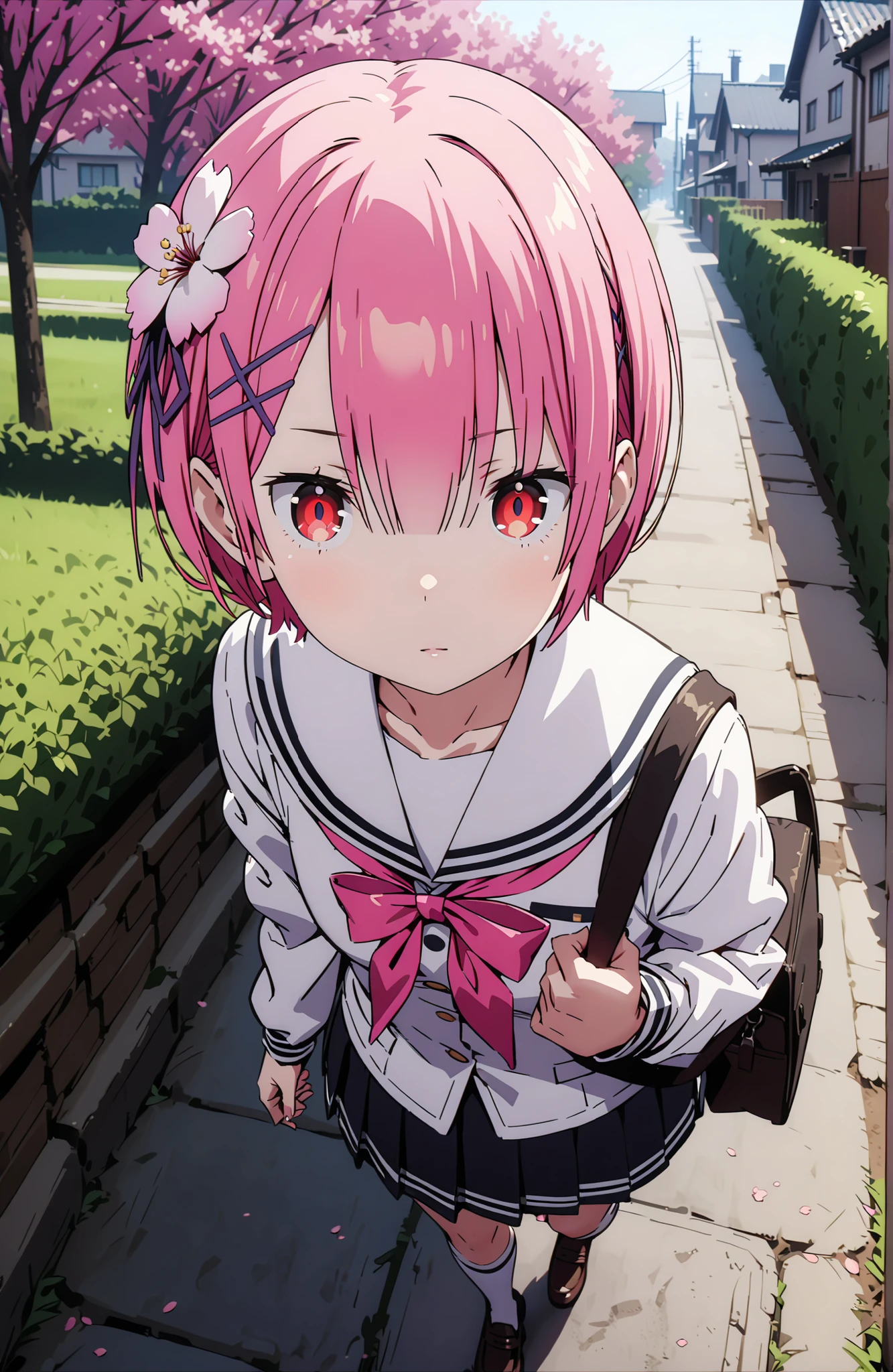 Ram, hair flower, Hair Ornament, hair on one eye, pink hair, Red Eyes, short hair, x Hair Ornament,white sailor suit,long sleeve, black mini pleated skirt ,white thigh high socks,loafers,Student bag 1 :1,cherry blossoms,is walking,morning,full bodyがイラストに入るように,break looking at viewer,full body,
break outdoors, residential area,
break (masterpiece:1.2), best quality in bronze, high resolution, Unity 8Kの壁紙, ( illustration :0.8), (beautiful detailed eyes:1.6), highly detailed face, perfect lighting, highly detailed CG, (perfect hand, perfect anatomy),