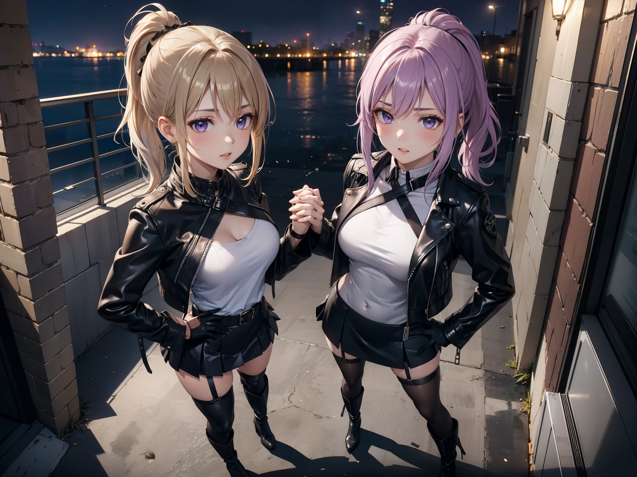 (masterpiece, best quality, detailed), 2 girls, Alone, standing, ((seen from above)), ((Hands touching the hips)), ojos detaileds, purple eyes shirt, Lavender hair short ponytail, Love, medium breasts, sensual lips, ((harness on the torso)), ((black leather jacket)), (black gloves, ((short school miniskirt)), ( brown stockings), (black boots), CYBERPUNK STYLE, ((at night))