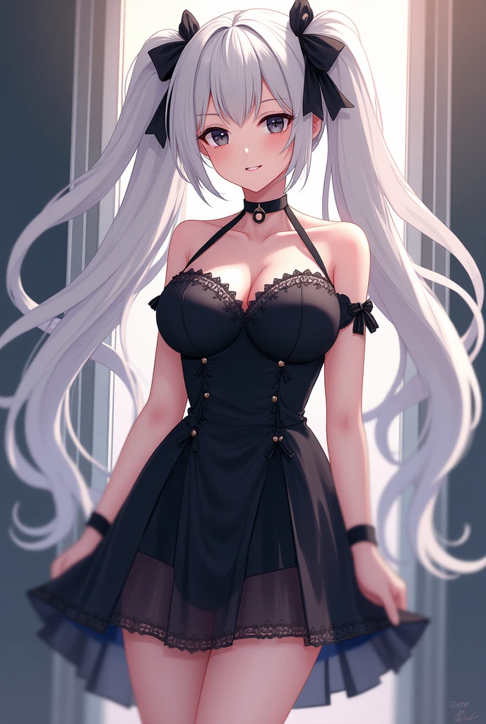 (masterpiece, best quality, detailed illustration, high resolution), ((1girl, solo)), ((huge breasts, large breasts, slim waist, long legs, fit body, toned body)), ((full body, closeup view)), ((standing)), ((looking at the viewer, facing the viewer)), ((tanned skin)), oiled skin, ((large breasts, mature woman, mature female, mature lady)), (detailed eyes, good eyes, better eyes), ((standing)), (grey hair), ((dress)), (long hair, straight hair), ((twintails))