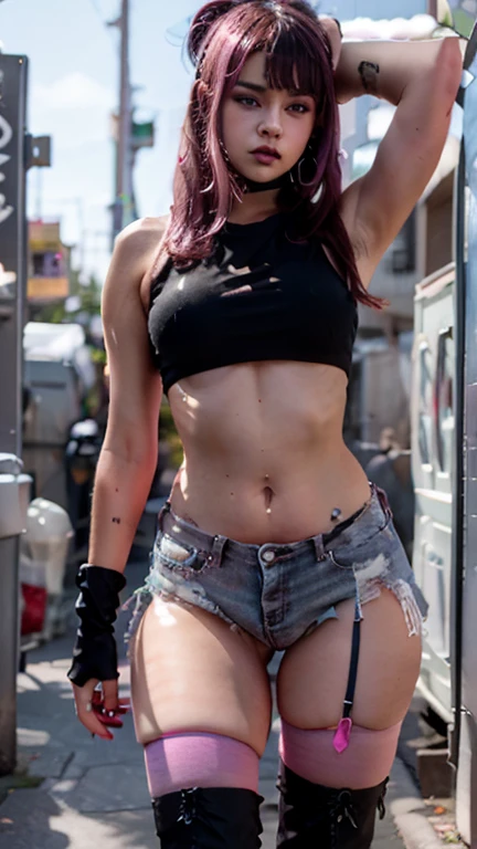 (masterpiece, best quality), woman punk, long hair, torn legwear, freckles, sunglasses, asymmetrical punk fashion, sneakers, skinny toned athletic body, white background, third angle view, from ground up, looking back at camera, perspective