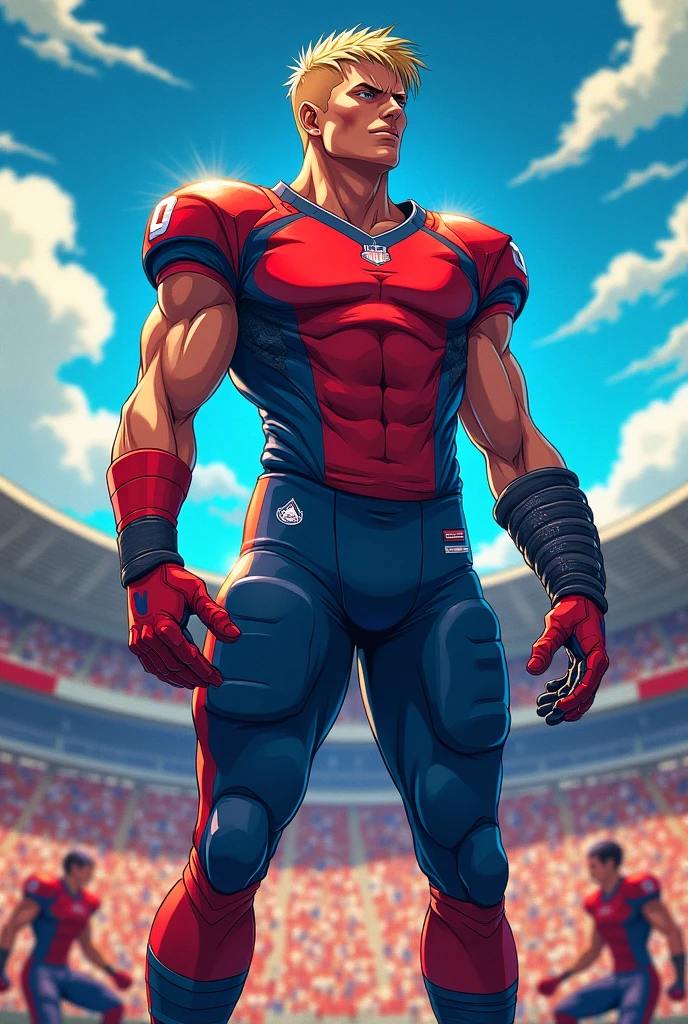 <lora:LCM_LoRA_Weights_SD15:1> 1man standing in stadium shoulder armor, jockstrap/pants, holding ball, knee pads, sneakers, black hair