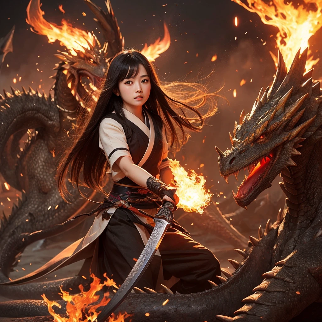 Japanese girls, long black hair、cute beautiful girl Sengoku period、 Battle with Dragons with Sword of Fire
