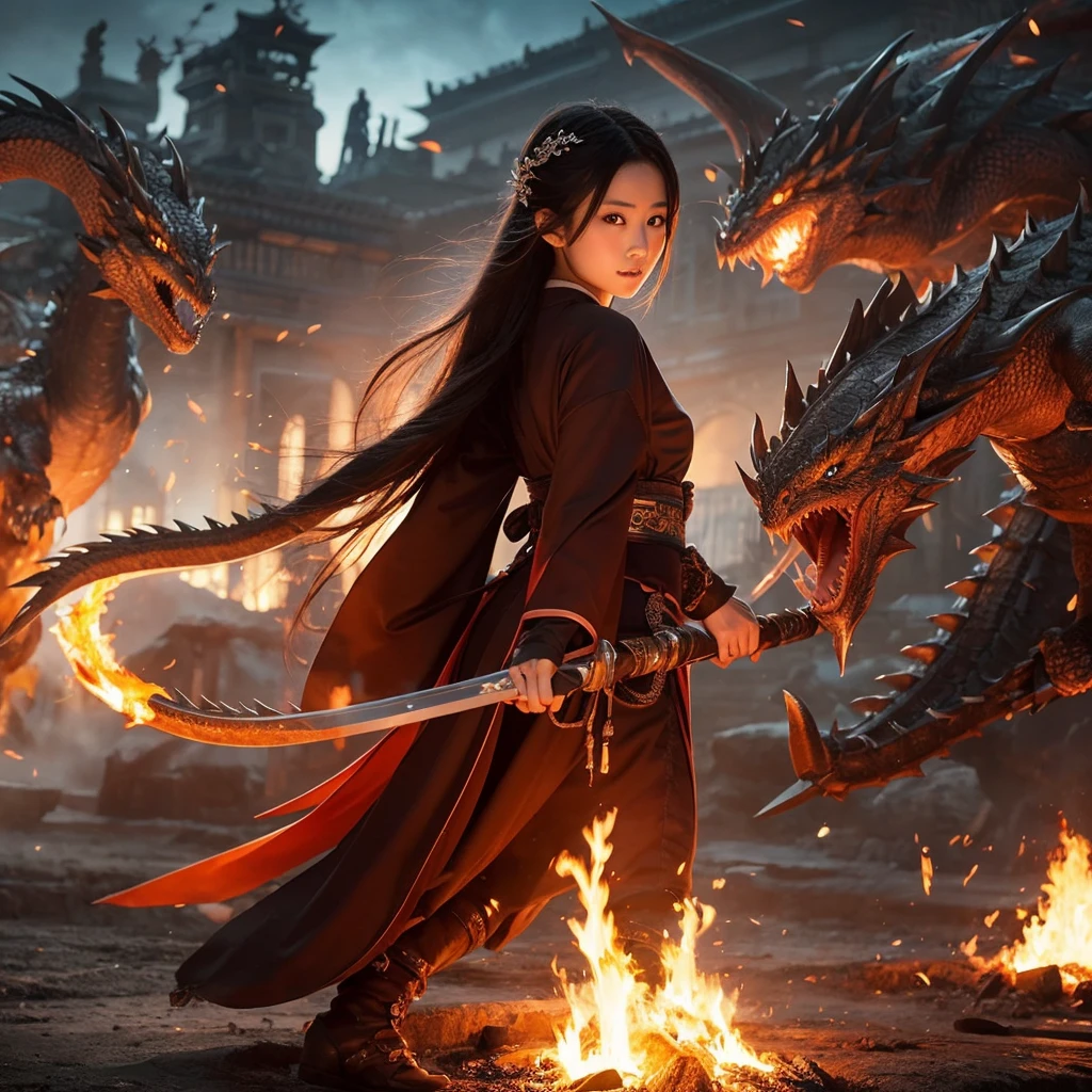 Japanese girls, long black hair、cute beautiful girl Sengoku period、 Battle with Dragons with Sword of Fire
