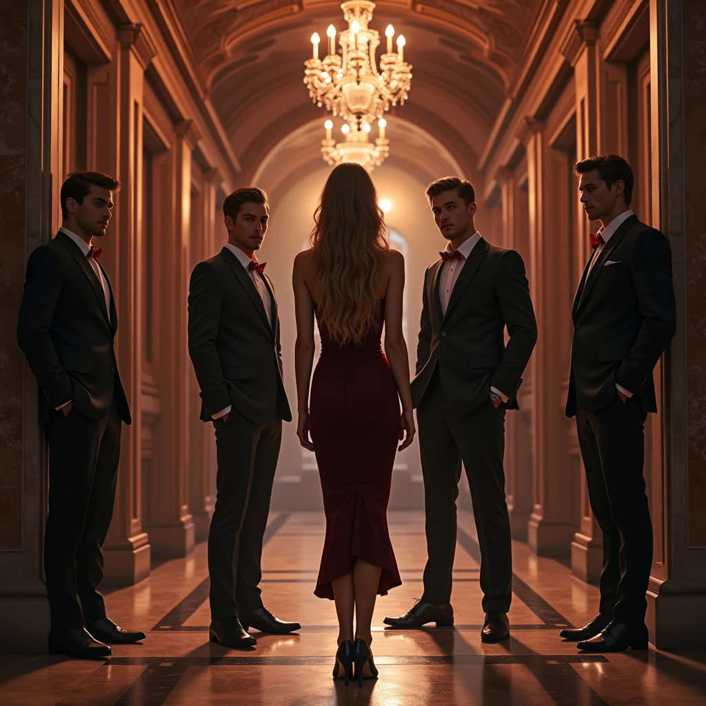 She stands in the middle of a grand hallway—elegant but cold, the walls lined with old portraits and secrets. The air is thick with tension. Shadows dance across the marble floor from the soft glow of a crystal chandelier above.

Roxie is the center of it all. Young, fierce, and undeniably beautiful. Her long waves cascade down her back, her dress clinging to her frame in all the right places. There’s defiance in her eyes, but something softer lingers too—something raw.

Behind her are three men.

Dominic—tall, silent, unreadable. Dressed in black, he’s all sharp lines and cold stares. He watches her like a predator, arms folded, jaw tight, as if daring anyone to touch what’s his.

Lucian—danger wrapped in beauty. His smirk doesn’t reach his eyes. There’s fire there, a dark one. He’s the one who knows her buttons and loves pushing them. He’s close enough to make her flinch, but not close enough to touch—yet.

And Ryan—wild and wicked. Leaning casually on the wall, he looks amused, like he already knows how this story ends. There’s mischief in his grin, but a dangerous edge in the way he watches her.

These brothers have always shared everything—power, secrets… women.

But now Roxie’s in their world.
And she’s not so sure they’re willing to share this time.

Design this scene: rich, moody colors like crimson and black. A mix of elegance and danger. A cover that looks like a secret waiting to explode.