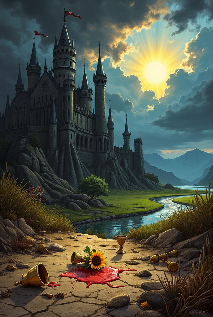left half: Scene of loss
Arrangement of elements:

bottom: A castle in ruins, with collapsed towers and cracked walls, barely sustained by time. The sky is dark gray, with heavy clouds and an opaque tone that transmits melancholy.
floor: Arid and cracked Earth, covered with dry and thorny plants, like dead shrubs of brown and gray.  In the center of the ground , a single sunflower flower Sun rises, small but vibrant, with bright yellow petals and a deep brown center (the only bright spot on this side).
cups: Three golden cups lying on the ground, overturned and spilling a dark red liquid (How did it come ) that mixes with dry soil, forming small puddles. A cup is broken, with a chipped edge. Place them disorderly near the feet of the figure, on the left.
dramatic effect: Use deep shadows and hard lines on the castle and plants to emphasize desolation. The faint light must come from above, barely illuminating the sunflower as a focus of resistance in the midst of sadness. The dominant gray (cold tones like slate gray and ash) reinforces the feeling of emptiness.
right half: Scenario de Esperanza
Arrangement of elements:

bottom: A majestic and well-preserved castle, with tall towers and flags waving in the wind. The sky is bright blue, with a radiant sun in the upper right corner, projecting golden rays that bathe the the scene. Some fluffy white clouds float gently.
floor: Emerald green grass, dotted with wild flowers in shades of red, yellows and violets. A crystal clear river meanders from the castle to the lower right edge, reflecting the blue of the sky and golden flashes of the sun.
cups: Two golden cups, standing and brimming with a clear, bright liquid (like water or an elixir), with drops that fall on the grass. Place them to the right of the feet of the figure, one slightly ahead of the other, symbolizing abundance.