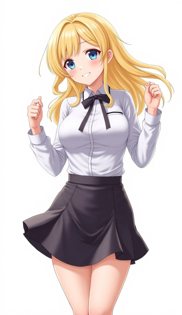 super fine illustration,1girl,simple backgrond,mini skirt,large breasts,hair over one eye,tachi-e,standing,side ponytail,blonde hair,blue eyes