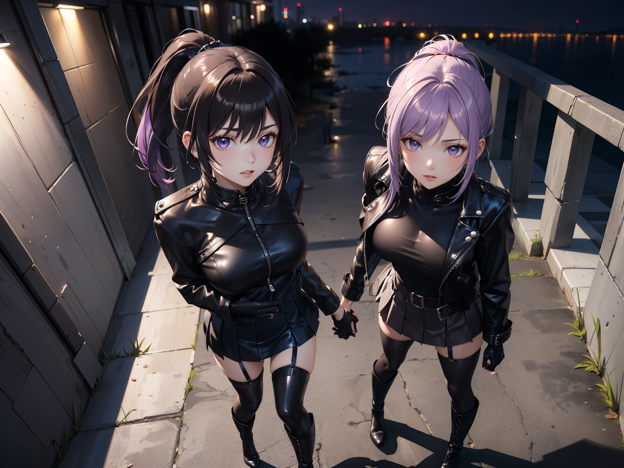 (masterpiece, best quality, detailed), 2 girls, Alone, standing, ((seen from above)), , ojos detaileds, purple eyes shirt, Lavender hair short ponytail, Love, medium breasts, sensual lips, ((harness on the torso)), ((black leather jacket)), (black gloves, ((short school miniskirt)), ( brown stockings), (black boots), CYBERPUNK STYLE, ((at night))