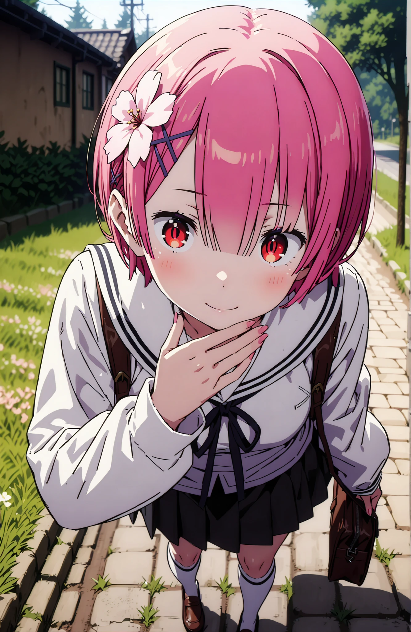 Ram, hair flower, Hair Ornament, hair on one eye, pink hair, Red Eyes, short hair, x Hair Ornament,smile,blush,close your mouth,white sailor suit,long sleeve, black mini pleated skirt ,white thigh high socks,loafers,Student bag 1 :1,cherry blossoms,is walking,morning,full bodyがイラストに入るように,break looking at viewer,full body,
break outdoors, residential area,
break (masterpiece:1.2), best quality in bronze, high resolution, Unity 8Kの壁紙, ( illustration :0.8), (beautiful detailed eyes:1.6), highly detailed face, perfect lighting, highly detailed CG, (perfect hand, perfect anatomy),