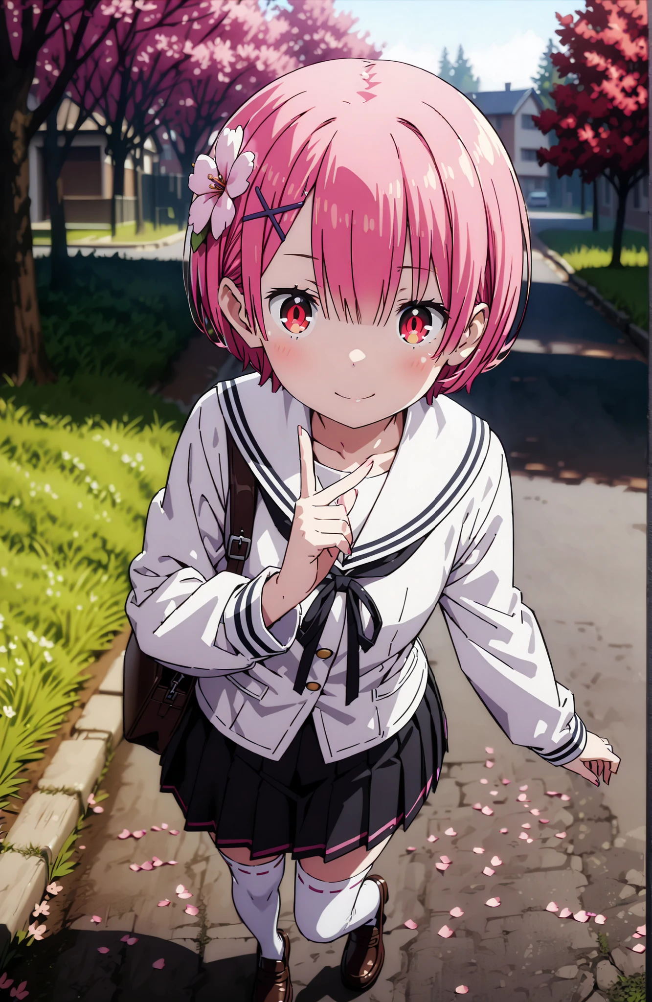 Ram, hair flower, Hair Ornament, hair on one eye, pink hair, Red Eyes, short hair, x Hair Ornament,smile,blush,close your mouth,white sailor suit,long sleeve, black mini pleated skirt ,white thigh high socks,loafers,Student bag 1 :1,cherry blossoms,is walking,morning,full bodyがイラストに入るように,break looking at viewer,full body,
break outdoors, residential area,
break (masterpiece:1.2), best quality in bronze, high resolution, Unity 8Kの壁紙, ( illustration :0.8), (beautiful detailed eyes:1.6), highly detailed face, perfect lighting, highly detailed CG, (perfect hand, perfect anatomy),