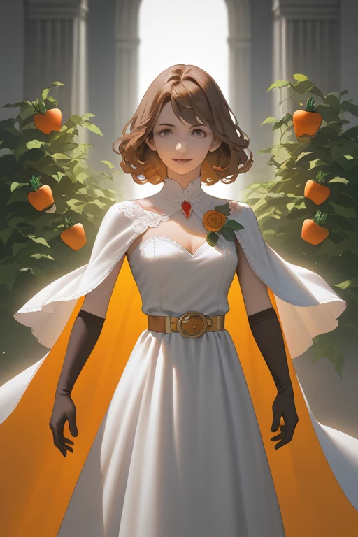 A heroine charismatic and confident dressed in a costume predominantly green, representing nature and healthy eating. Her uniform includes a flowing cape, elegant gloves and a golden belt, transmitting strength and nobility .  In the center of the chest , an emblem stylized with a carrot and a tomato symbolizes their connection to ecology and nutrition. She has a voluminous and well-defined bust, accented by the costume design, that values her silhouette in an elegant and heroic way. Their long wavy brown hair is adorned with leaves and a vibrant orange flower, reinforcing your connection with nature. Her expressive look and radiant smile convey hope and inspiration. The background has warm tones and a heroic glow, highlighting its imposing presence. The art must be highly detailed and professional, no estilo digital painting, with dramatic lighting and stylized realism."