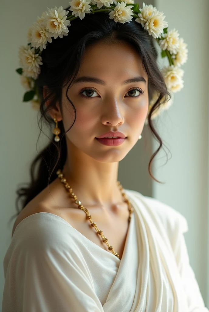 A beautiful woman. She is wearing a white sari. She is a young woman from the western part of Kerala. She has a garland of jasmine flowers behind her hair. She walks into a room early in the morning.