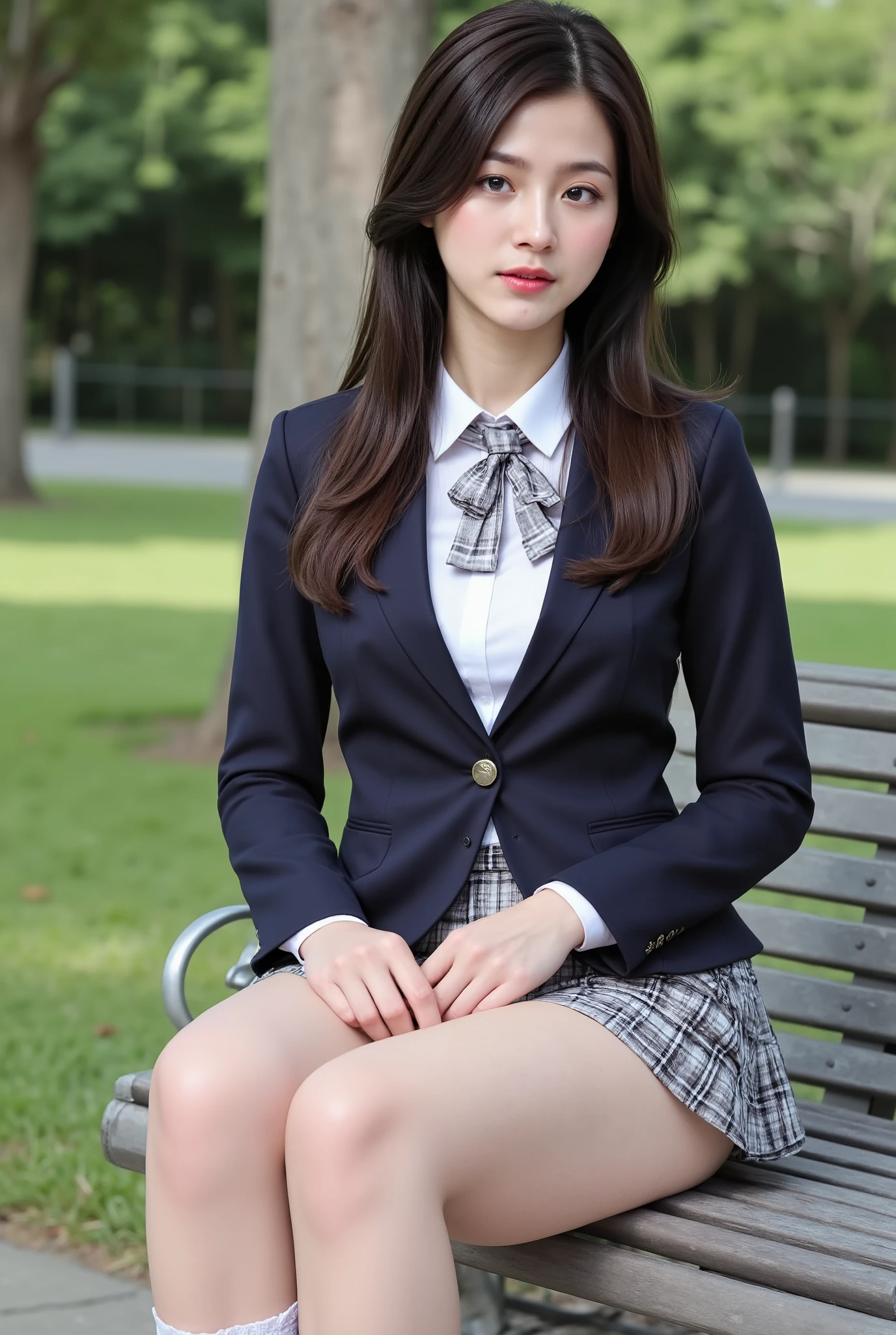 , pretty face, perfect body, small waist and big breasts, slim legs, big breasts, realistic skin, full body image, (redemption, 8k, masterpiece: 1.2), Japanese female, 18 years old, (high resolution beautiful face), amazing face and eyes, (highest quality: 1.4), (ultra detailed), (high resolution CG integrated 8K wallpaper), high resolution, high resolution raw color photo, professional photo, realistic portrait, amazing face and eyes, depth of field, ((elaborately designed, gorgeous and colorful adult costume)), ((elaborately designed, gorgeous and colorful adult shorts, high resolution panty portrait, highly detailed panty drawing)), ((unique pose showing panties), ((spreading legs, raising legs)) mouth slightly open, (((lifting skirt herself))), (lifting herself), panties with lace, small panties, attention to panties,(8K), (highest quality: 1.2), (Realistic), (Realistic: 1.37), Ultra-high resolution, 1 girl, cute, (Embarrassed smile:1.2), (Blushing:1.4),Mouth closed, Beautiful details, Beautiful Nose, black straight Hair, giant dulcefo, pork, Thighs,Navel exposed,University Student Uniform,A simple blazer,Pleated skirt,(The skirt and tie are tartan check pattern.:1.3),(sitting on a park:1.2),(Shiny Thighs:1.2), medium shot , (white school  socks:1.2)