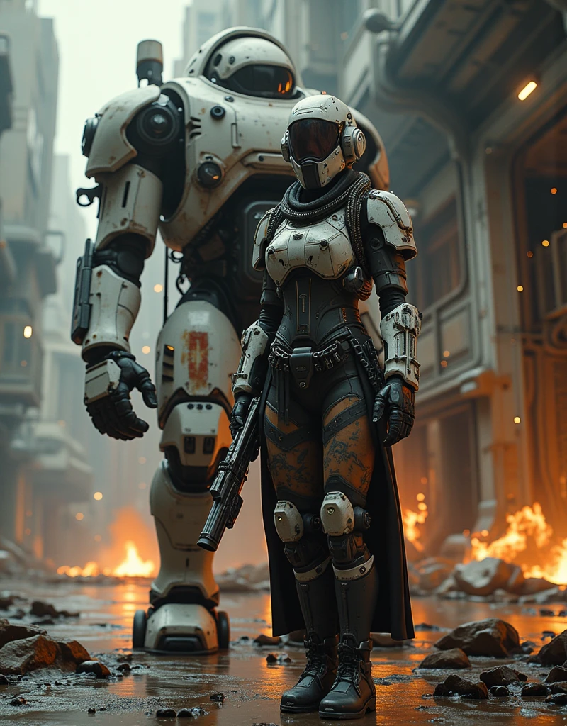 cinematographic photograph using rule of thirds and composition in planes Photo 3/ 4 takes over the entire body  , of a beautiful and very sexy young woman features of a Mexican woman with incomparable Latin beauty , top model, tattooed, Storm Trooper from StarWars, Of the Twi'lek breed, similar a " Darth Talon " with their purple head lekkus (tentaculos) de la cabeza morados, using a mechanical exoskeleton in the style of the movie "At the edge of tomorrow " combined with Stormtrooper, elegant and gothic robotics , fit ((chains)) dress made of chains, emerald eyes, penetrating look , Punk chain  ,  punk belt , full body shot, torn screen , cuero y encaje rasgados y rotos  con chains Picos y Muchas joyas de plata de huesos de plata , , holding a blaster or a lightsabre. Next to her in the background and fully appreciating a huge (huge) and tall robot wick with long legs and square shapes inspired by the Atlantes of Tula and wearing the helmet of the Aztec god Tezcatlipoca and with white armor and black details with a lot of rust battle damage and destroyed parts, You can see the exposed mechanism composed of pistons  , hoses, chains y motores con algunas luces. Background of outer space characters floating in space immersed in battle, Fire, explosions nearby, Lots of blaster shots,  gloomy atmosphere, smoke emanating from a suit with lights.