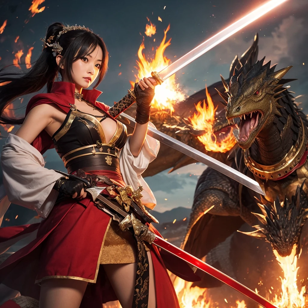 Sengoku period、pretty girl、 female swordsman、Battle with Dragons 、Flaming Sword