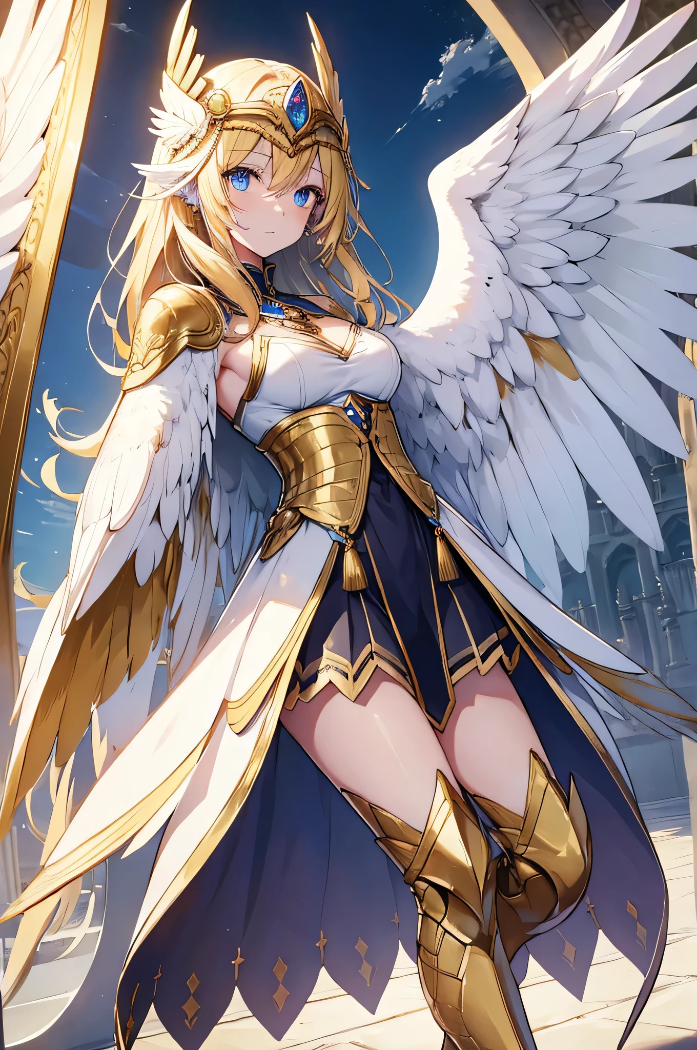 4K,High resolution,One Woman,Harpy,bionde,long hair,Blue eyes,Big Breasts,White Wings,Golden toenails,Samurai,白色のSamuraiの鎧,Sideboob,Full Armor,hair band,Jewelry decoration,Medieval village