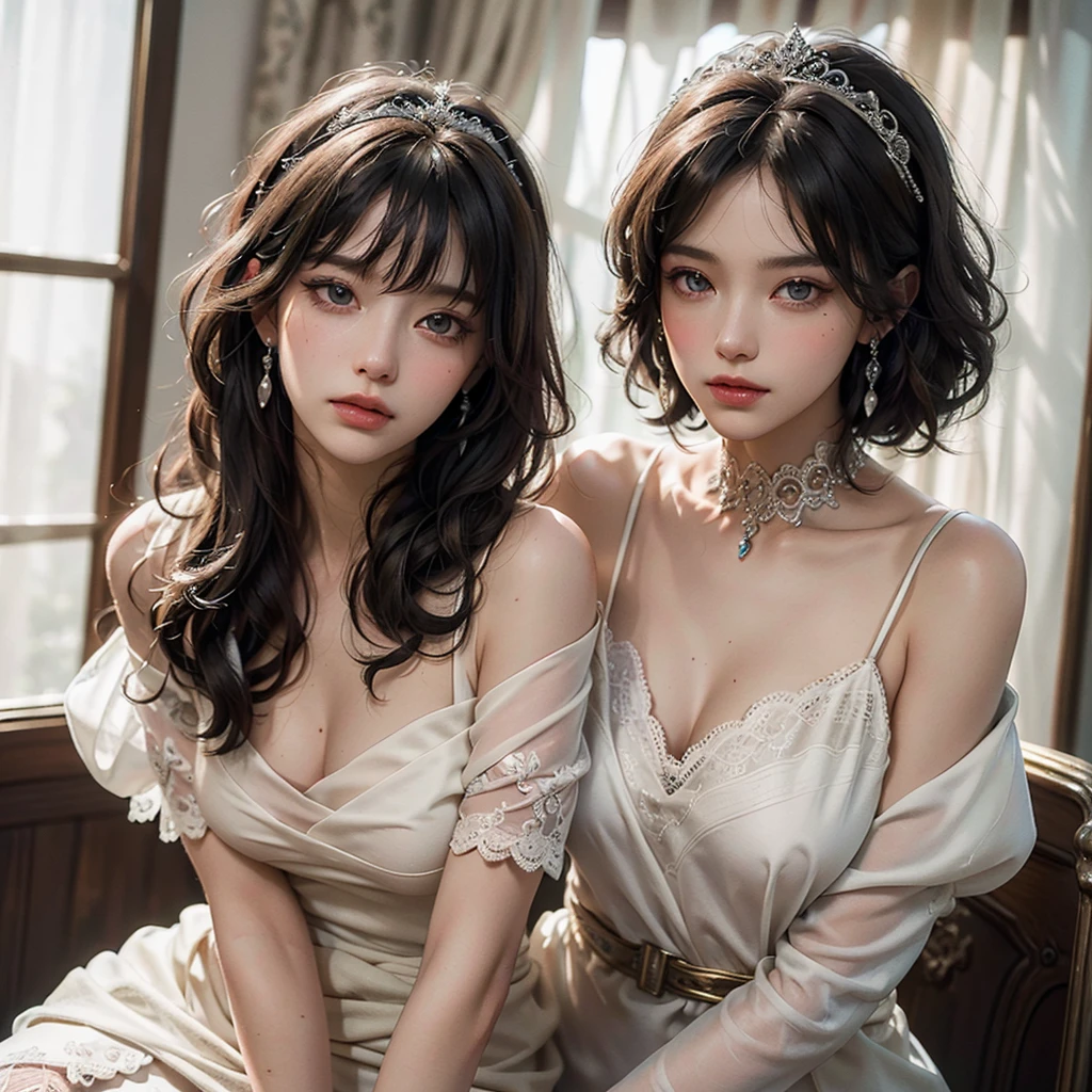 (masterpiece, best quality, ultra-detailed, oil-painted photoreal style:1.3), 8k resolution, HDR, cinematic studio lighting, rim light, depth of field, photoreal softness, painterly film grain, warm skin glow

Ruby Rose seated alone, solo, facing forward, upper body visible, smiling softly, warm expression, poised calm posture, 

(face detail:1.3), youthful delicate face, soft oval jawline, defined but gentle cheekbones, slight flush over cheeks, full lips with soft rose-pink tone and subtle gloss, faint light reflecting off lower lip, gentle upper lip dip with natural curve,

Silver eyes (ultra-detailed eyes:1.3), glowing bright irises with inner crystal texture, platinum-silver hue with soft gleam, inner light bloom along eye curvature, reflective highlights mirrored across iris surface, sharp pupil focus, subtle lens flare within iris, visible inner eye moisture, soft shading around tear ducts, gentle lash shadows cast across upper cheek, finely detailed lashes (long but realistic), brows soft and cleanly shaped, slight upward arch for inviting gaze,

long black hair with crimson red tips, flowing down shoulders and back, layered texture with soft motion, straight bangs (chyolka) gently parted at center, side strands tucked subtly behind ears, individual strands catching soft lighting, creamy pale skin, round medium breasts,

wearing a black formal gown with translucent mesh sleeves (floral lace pattern), white accent stitching along bodice and cuffs, thin white ribbon belt tied around waist, cinched neatly with soft bow, fabric subtly shimmering under studio light,

ruby-studded white-silver tiara resting over bangs, delicate crescent-shaped crown with embedded crimson gems, soft gleam, white metal base (ornate filigree framing each ruby)

(detailed anatomically accurate feminine hands:1.3), fingers relaxed, wrists slender, joints properly articulated, short clean fingernails, realistic skin texture,

background blurred, warm vignette, cinematic softness, 