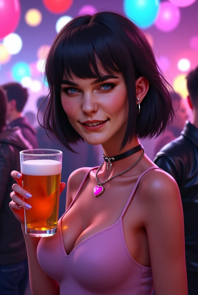 Do it at a party,with a pink heart necklace ,short black hair with fringe,  background with a black leather jacket, clothes with a beer ,smiling ,beautiful and,looking ahead 