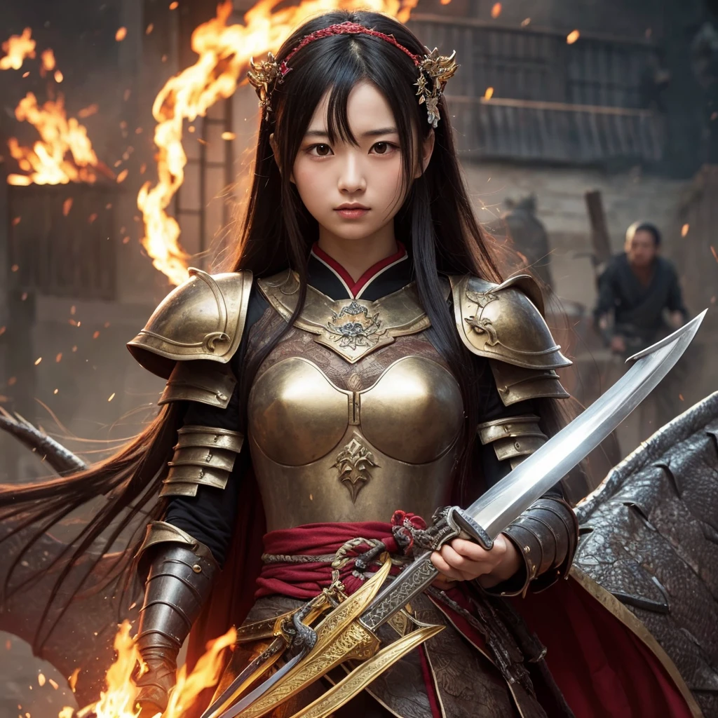 Japanese girls, long black hair、cute beautiful girl Sengoku period、Dragon Armor、 Battle with Dragons with Sword of Fire
